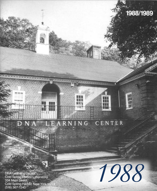 Annual report cover with black and white image of the DNA Learning Center brick building